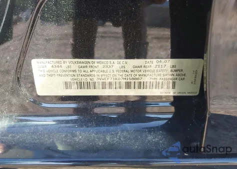 2007 Volkswagen Jetta Wolfsburg из США, поврежденный, VIN 3VWEF71K07M158887